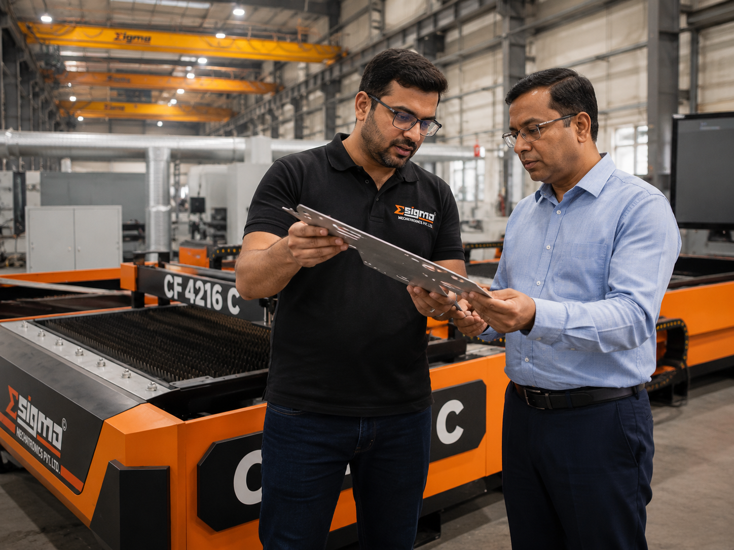 Fiber laser cutting machine cutting mild steel sheet at Sigma Laser India