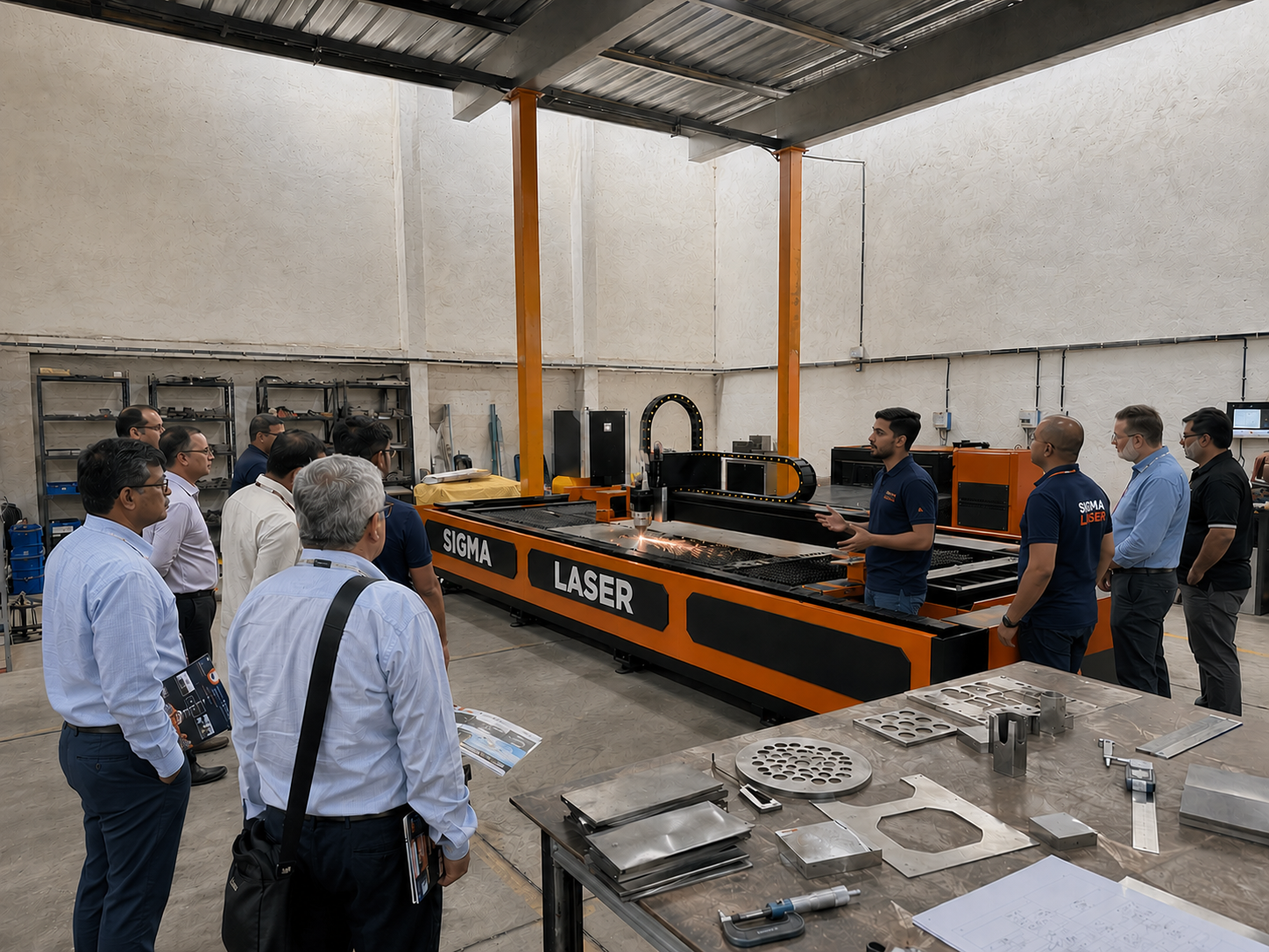 Fiber laser cutting machine cutting mild steel sheet at Sigma Laser India